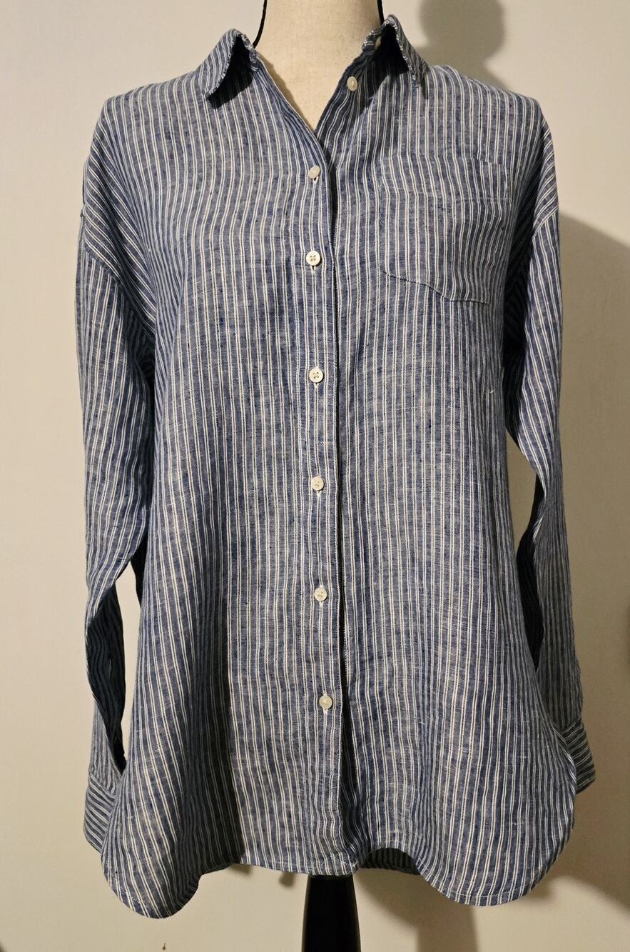 Lauren Ralph Lauren Top Women Blue/White Pin Striped Linen Button Up Casual Sz M